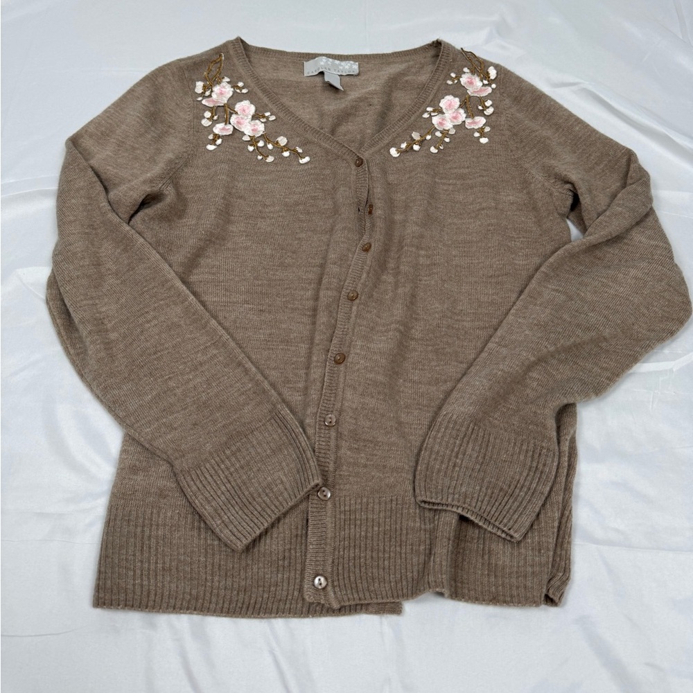 Carolyn Taylor Cardigan Sweater Women Large Brown Floral Embroidered Button Fron